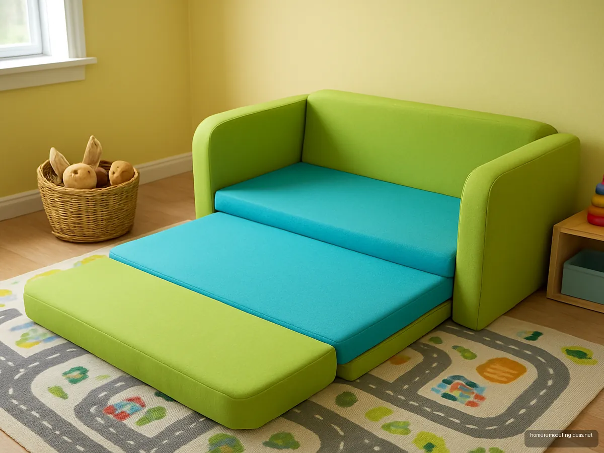 Foam fold-out kids sofa bed in lime green and blue