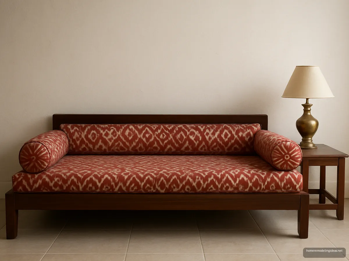 Walnut diwan-style sofa cum bed with red ikat cover