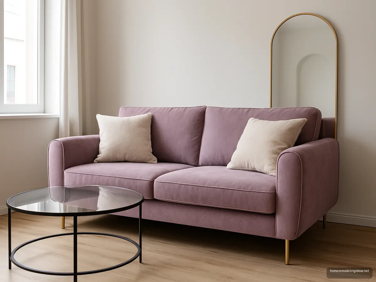 Lilac velvet sofa bed with gold legs in a small living room