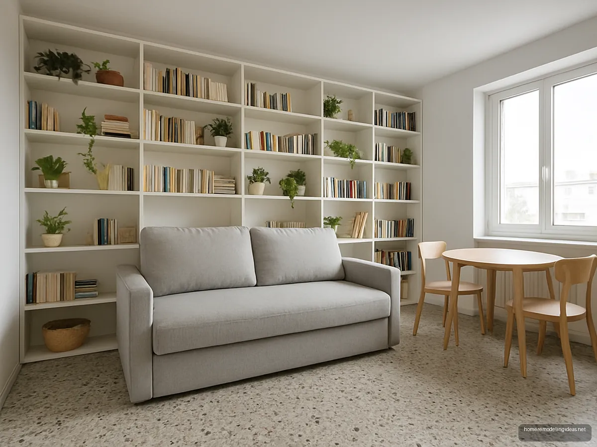 Grey sofa bed against a wall of white shelving in a studio