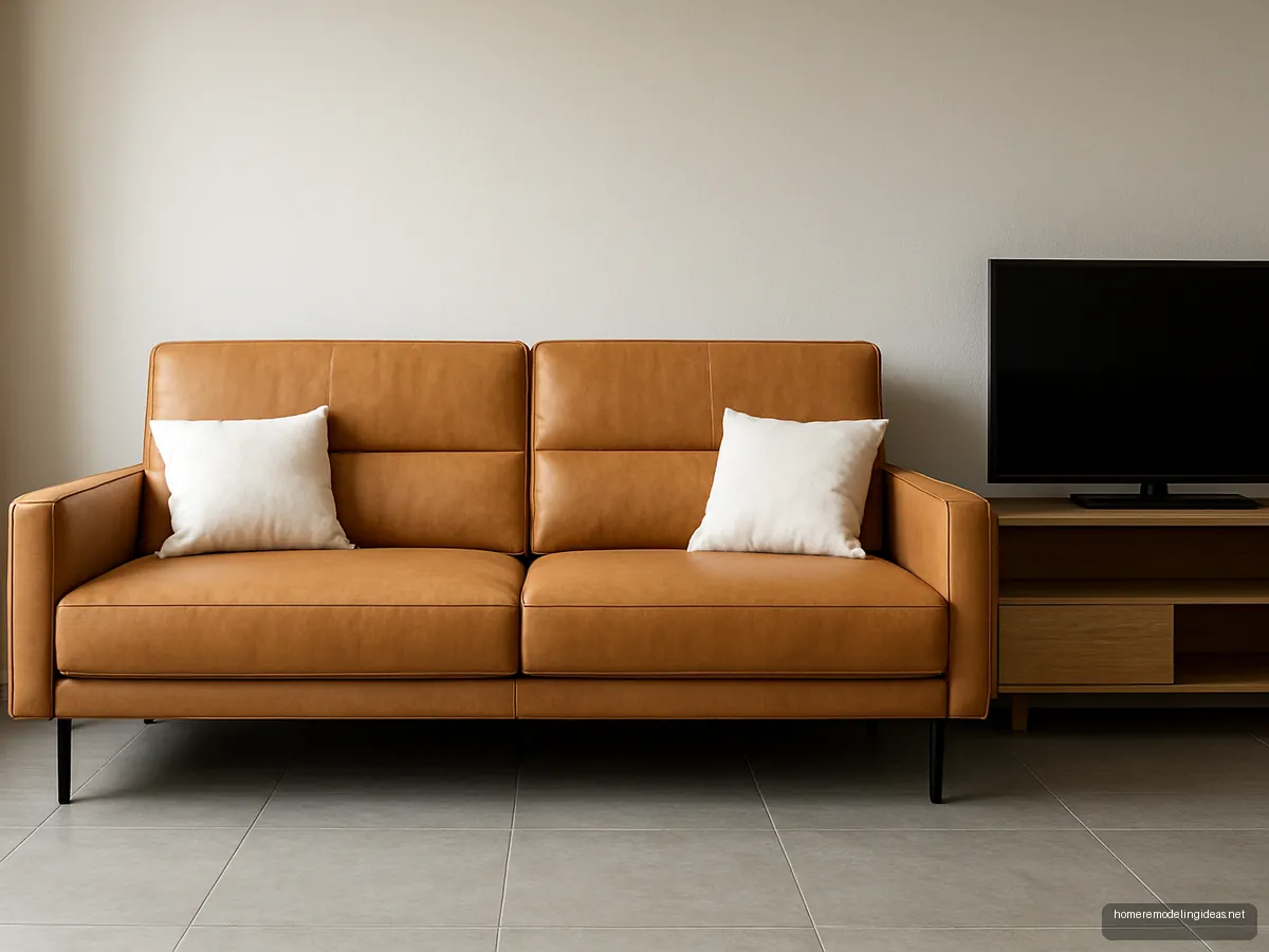 Tan leatherette sofa cum bed with split back