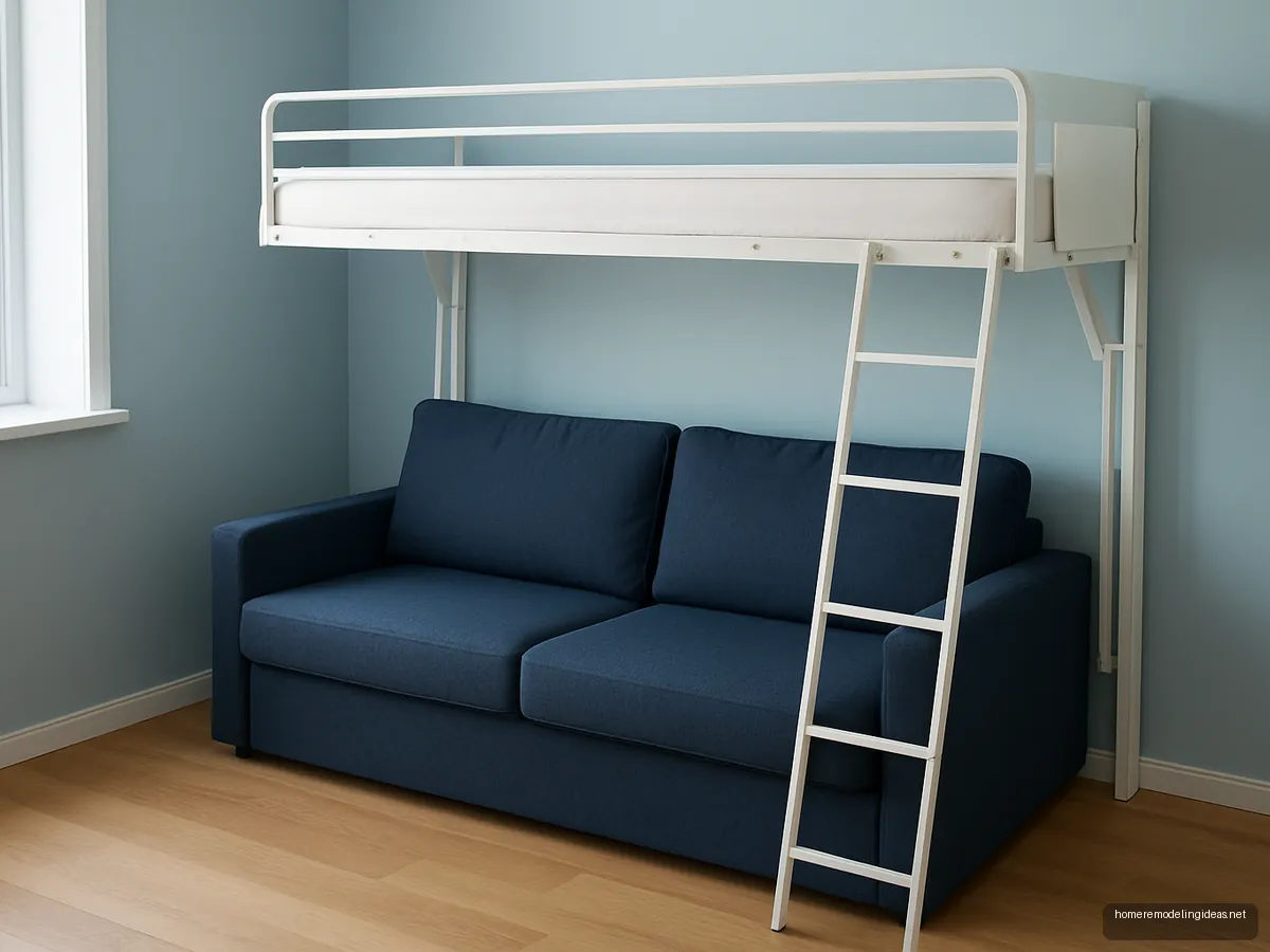 Navy convertible sofa that becomes a bunk bed