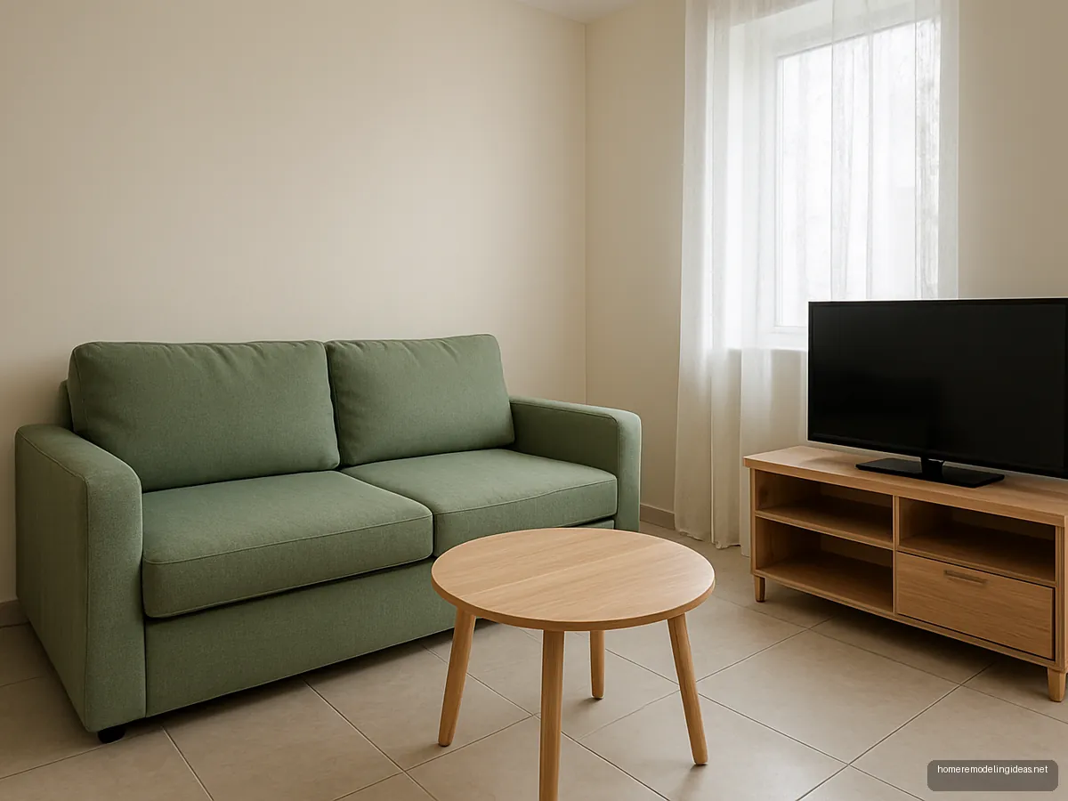 Sage green two-seater sofa bed in a small 1 BHK hall