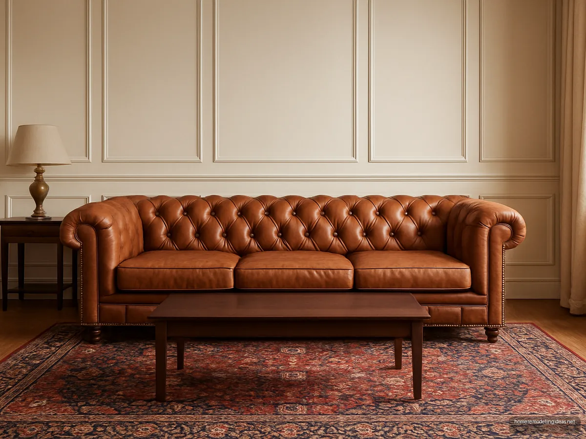 Camel leatherette Chesterfield sofa with Persian rug