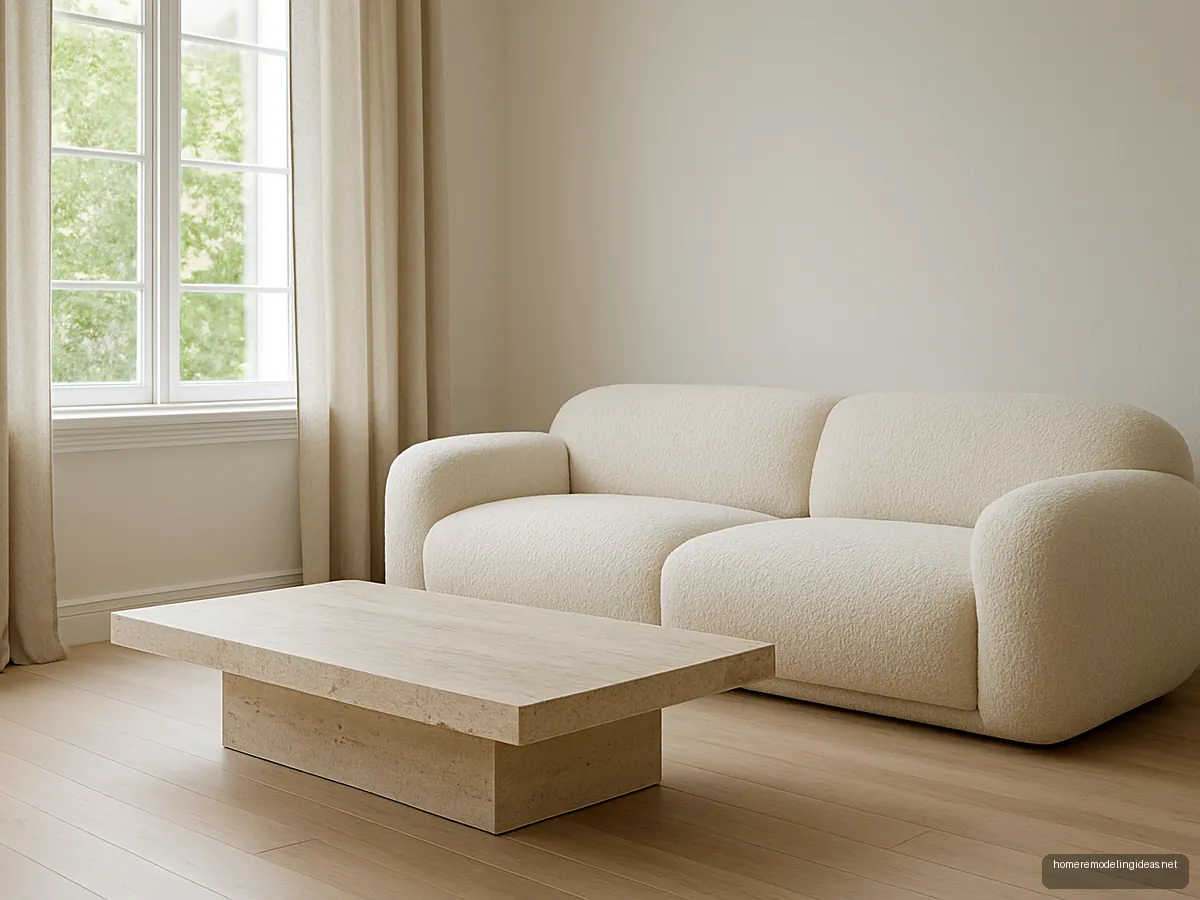 Ivory boucle cloud style sofa with travertine coffee table