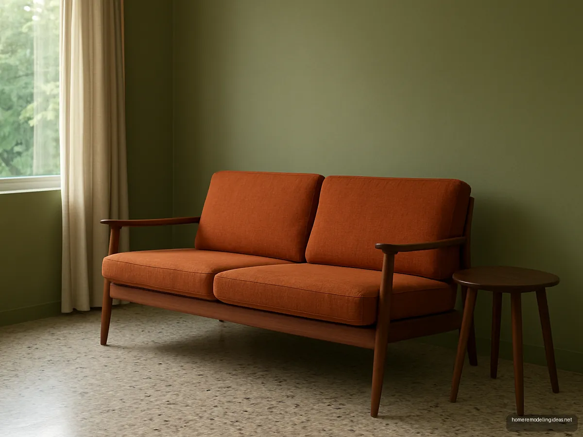 Mid-century teak frame sofa with rust cushions against olive wall