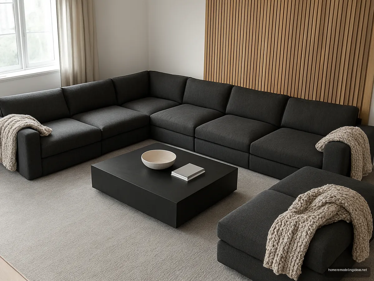 Charcoal grey modular sectional arranged in a U shape