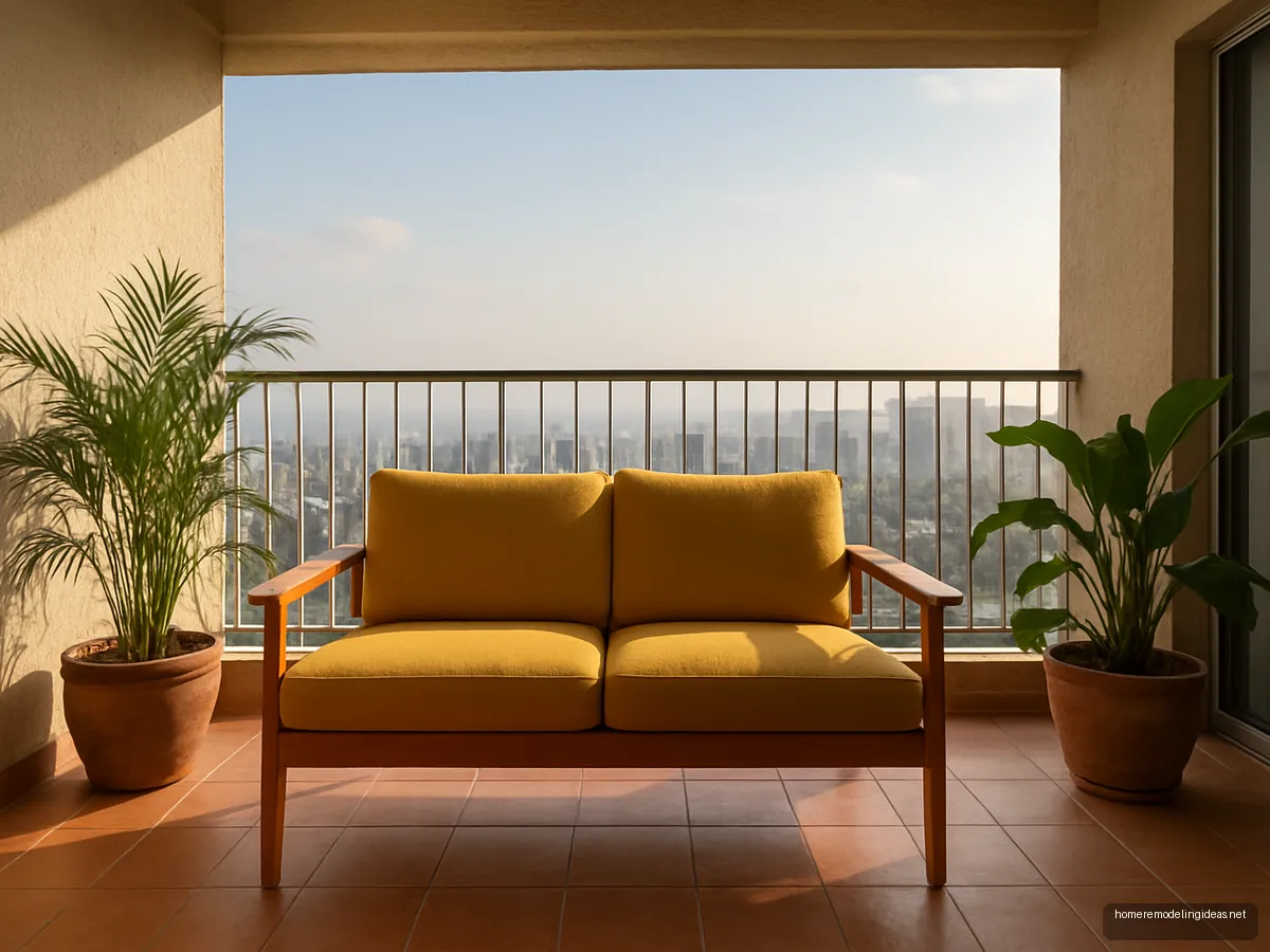 Mustard two-seater sofa on a covered balcony with plants