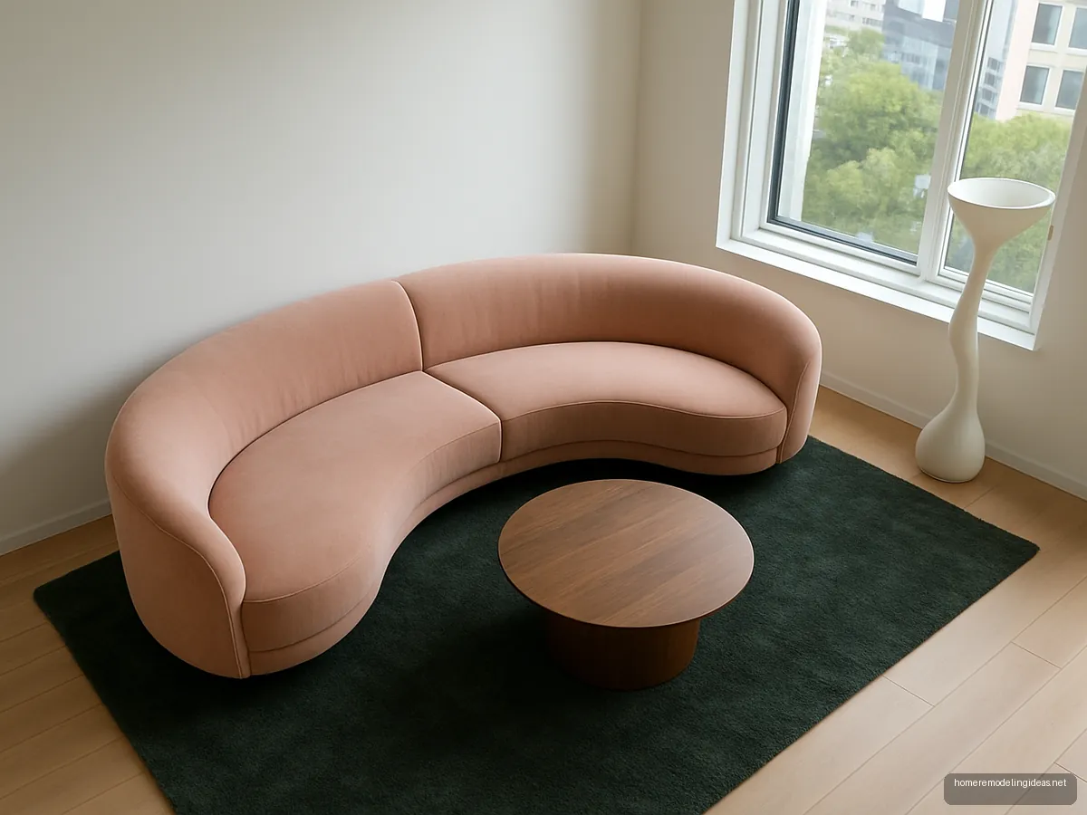 Blush pink curved crescent sofa with round walnut table