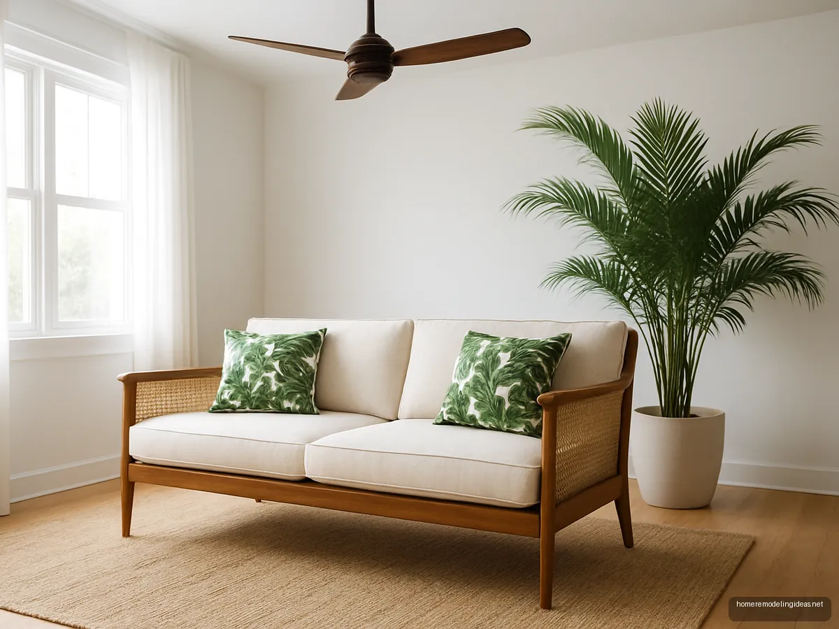 Teak and cane back sofa with leaf print cushions