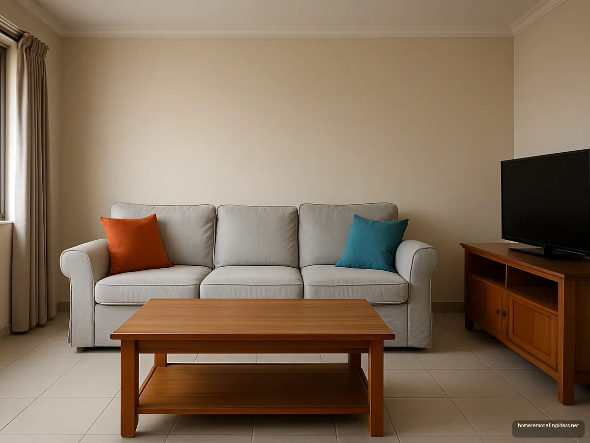Light grey fabric sofa in a simple hall with colourful cushions