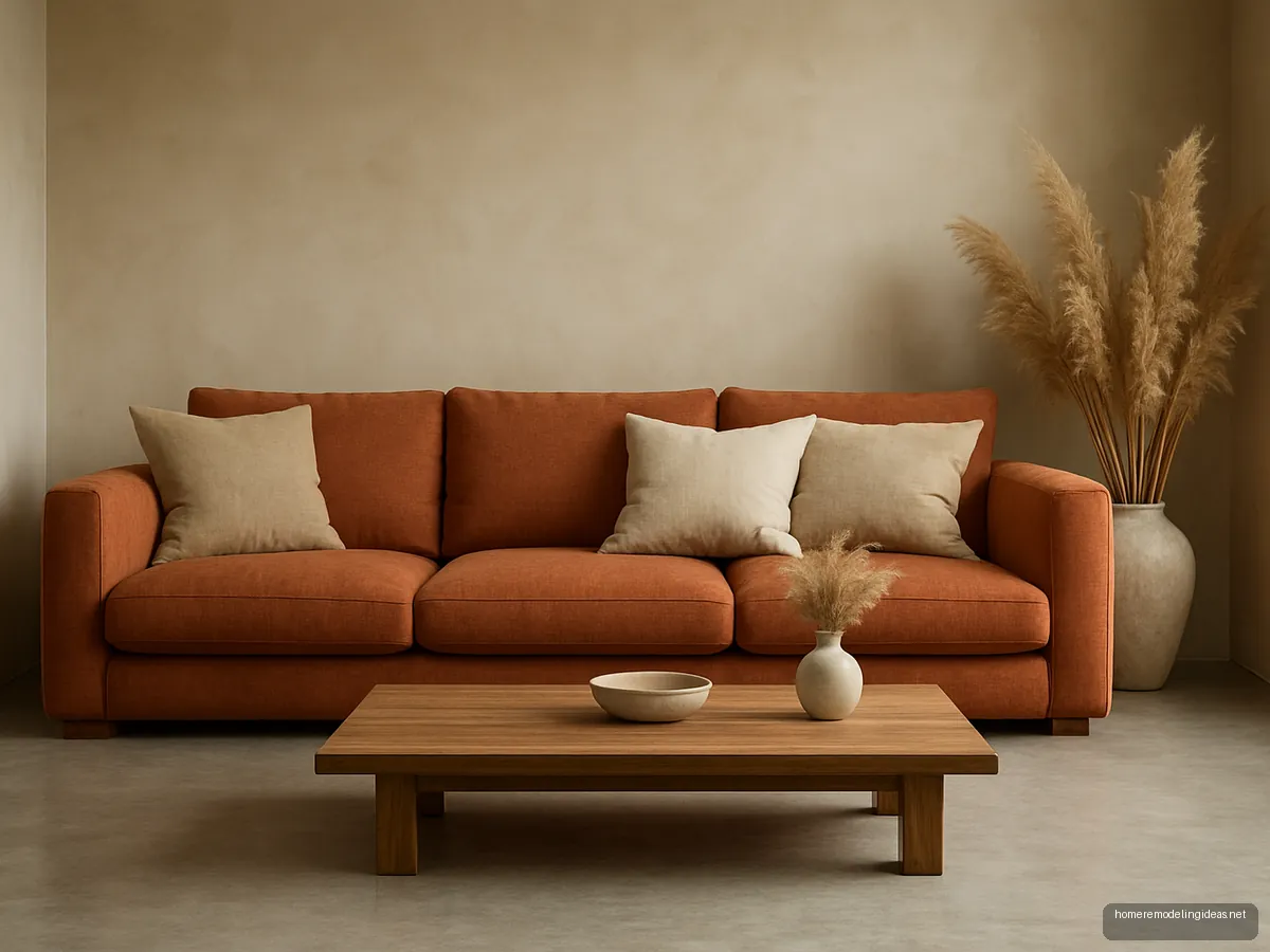 Low slung terracotta sofa with sand and white cushions