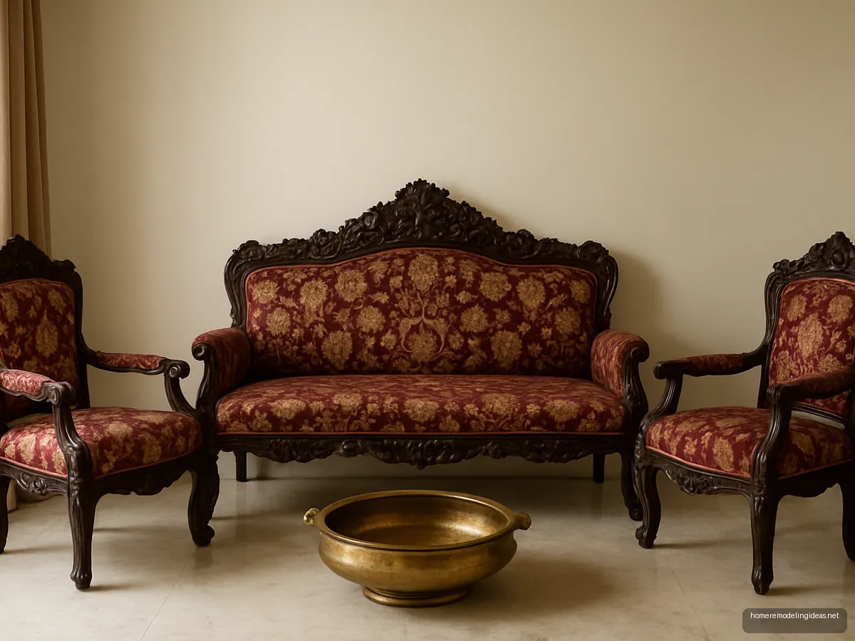 Carved dark teak sofa with maroon and gold brocade