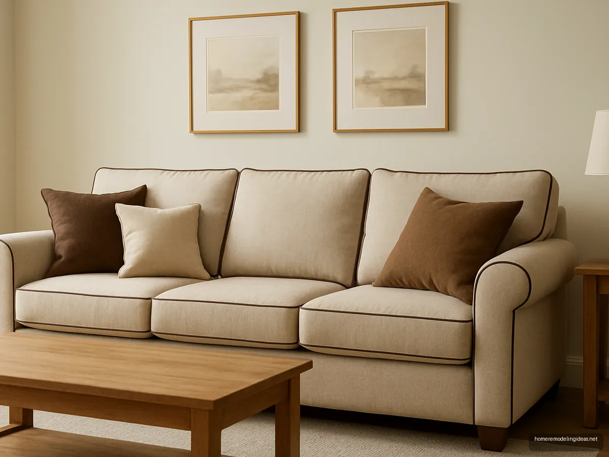 Beige sofa with dark brown contrast piping