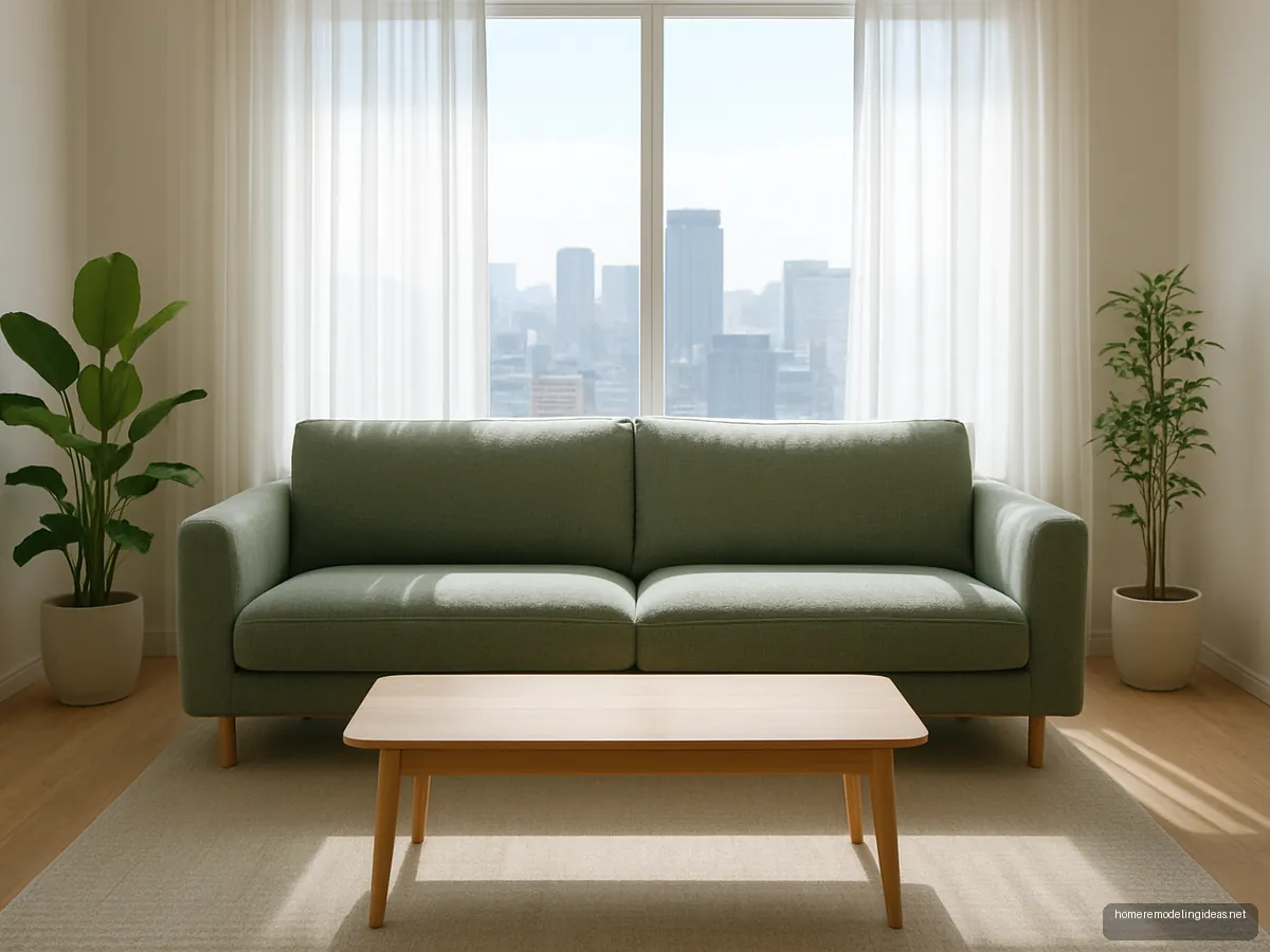 Low-back sage sofa in front of a large window