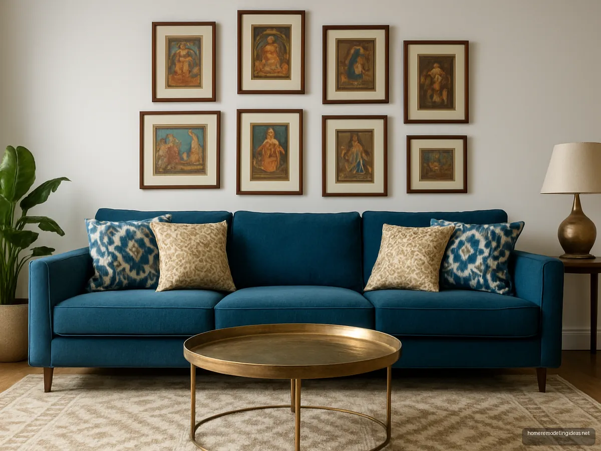 Peacock blue sofa with ikat cushions and brass tray table