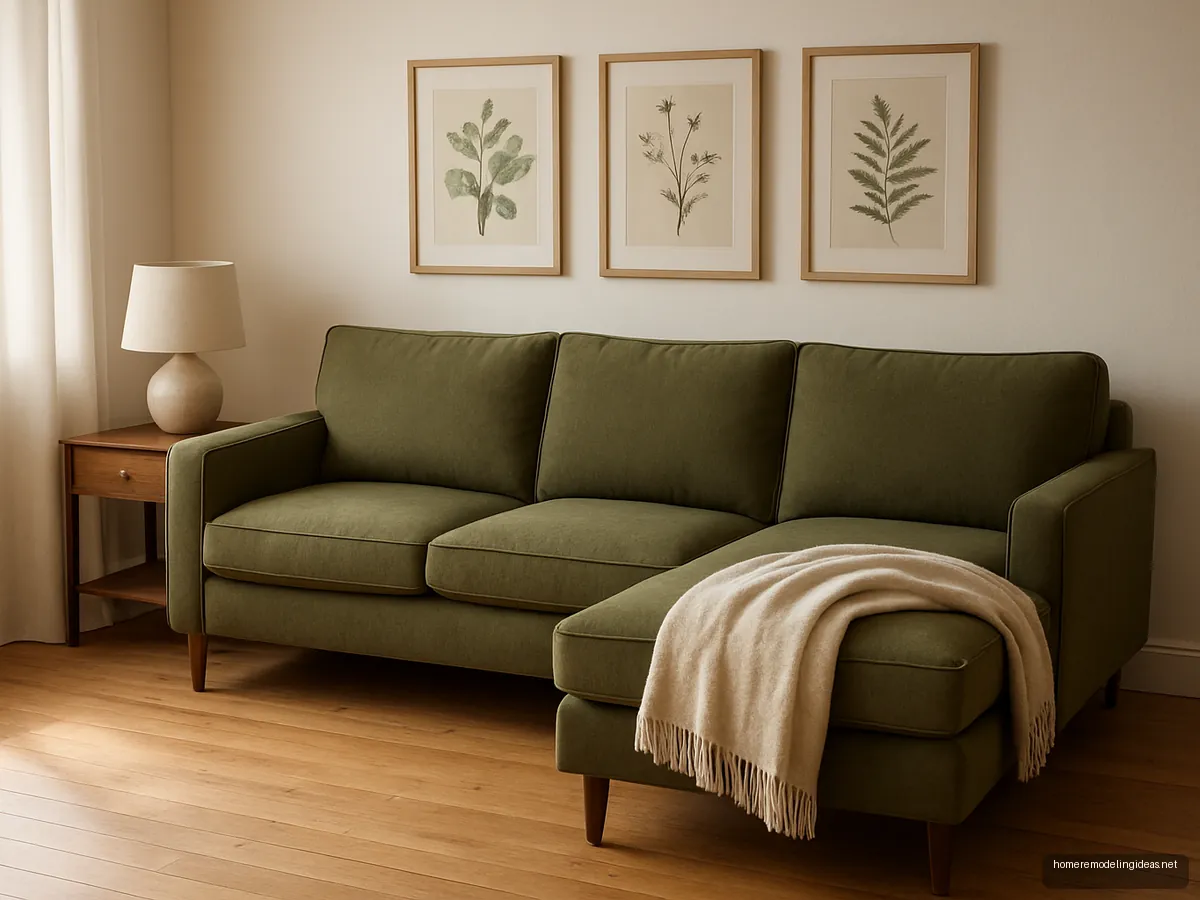Olive green sofa with chaise end and walnut side table