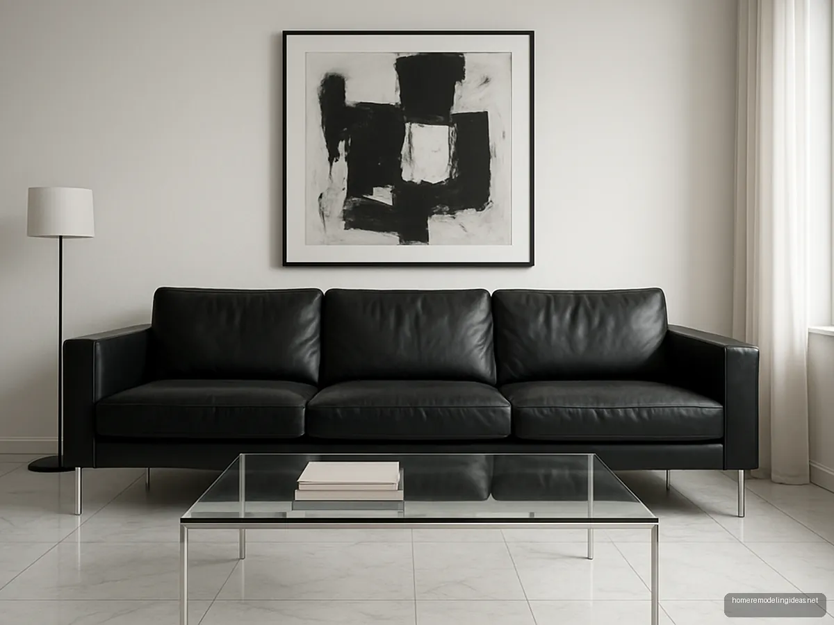 Black leather sofa with chrome legs in a monochrome room