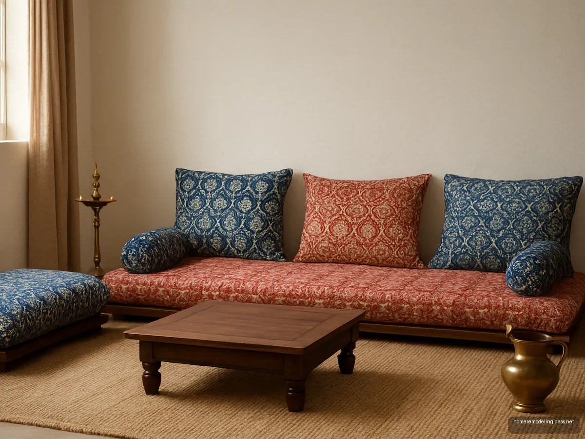 Low baithak floor seating with block print covers and bolsters