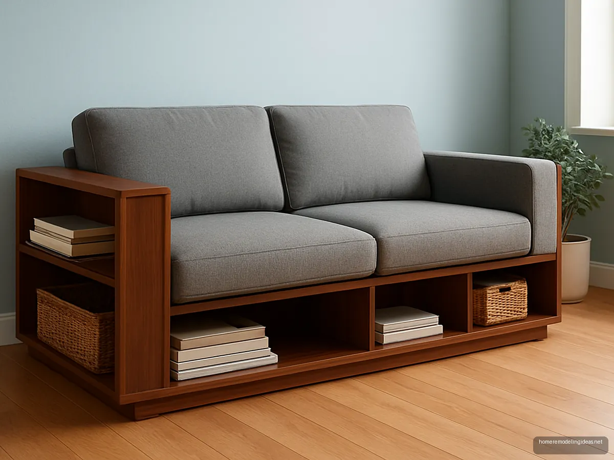Sofa with open storage cubbies built into the arms