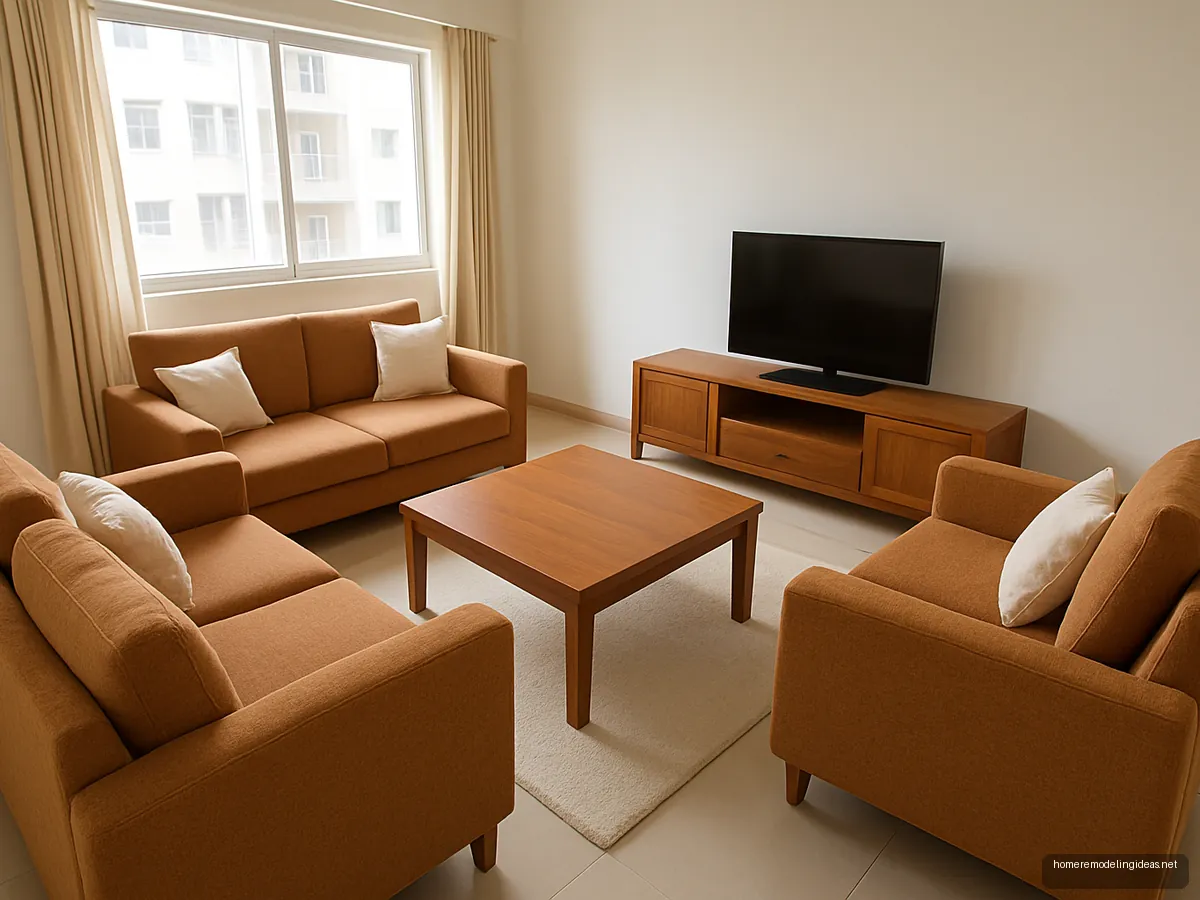 Camel fabric 3+1+1 sofa set around a wooden coffee table