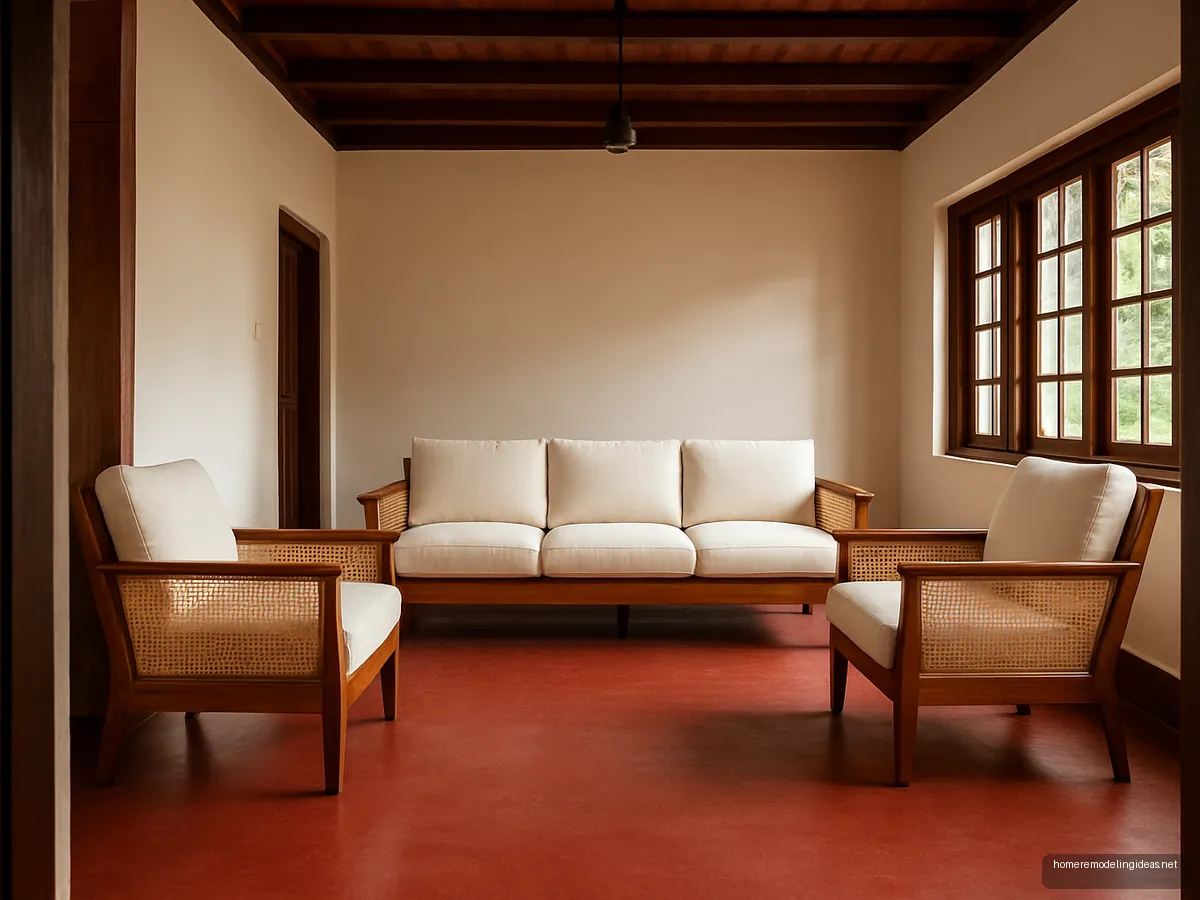 Teak and cane sofa set with off white cushions on red oxide floor