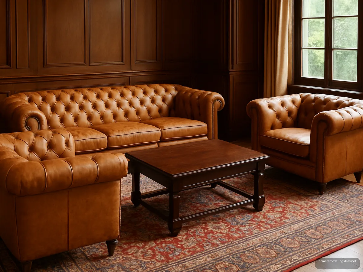 Tan leather Chesterfield sofa set on a Persian rug