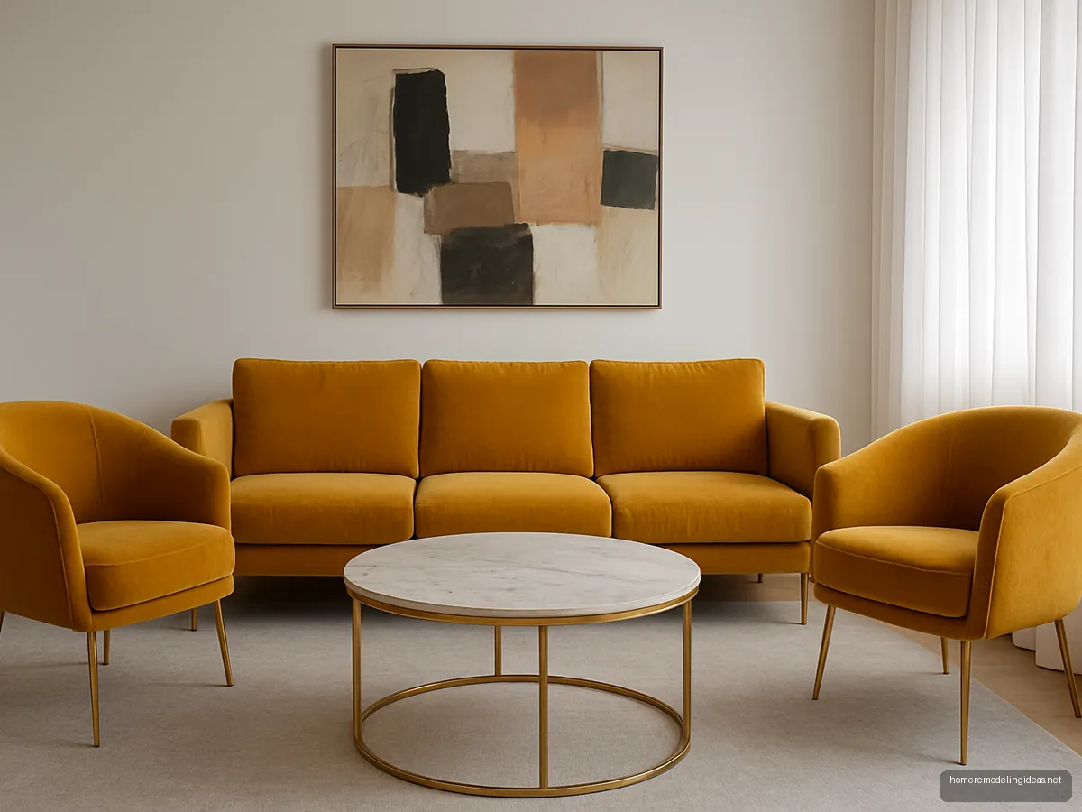 Mustard velvet sofa and tub chairs on gold legs