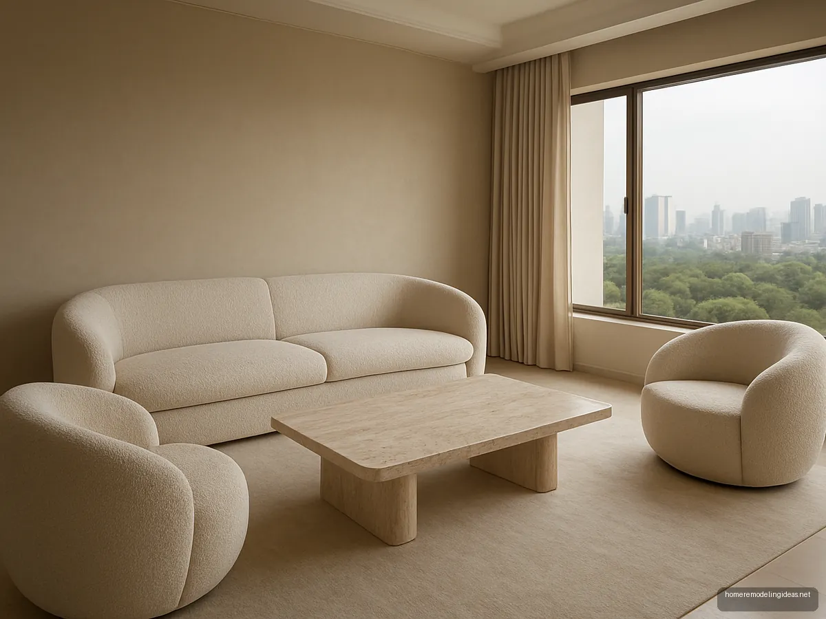 Curved off white boucle sofa with round chairs