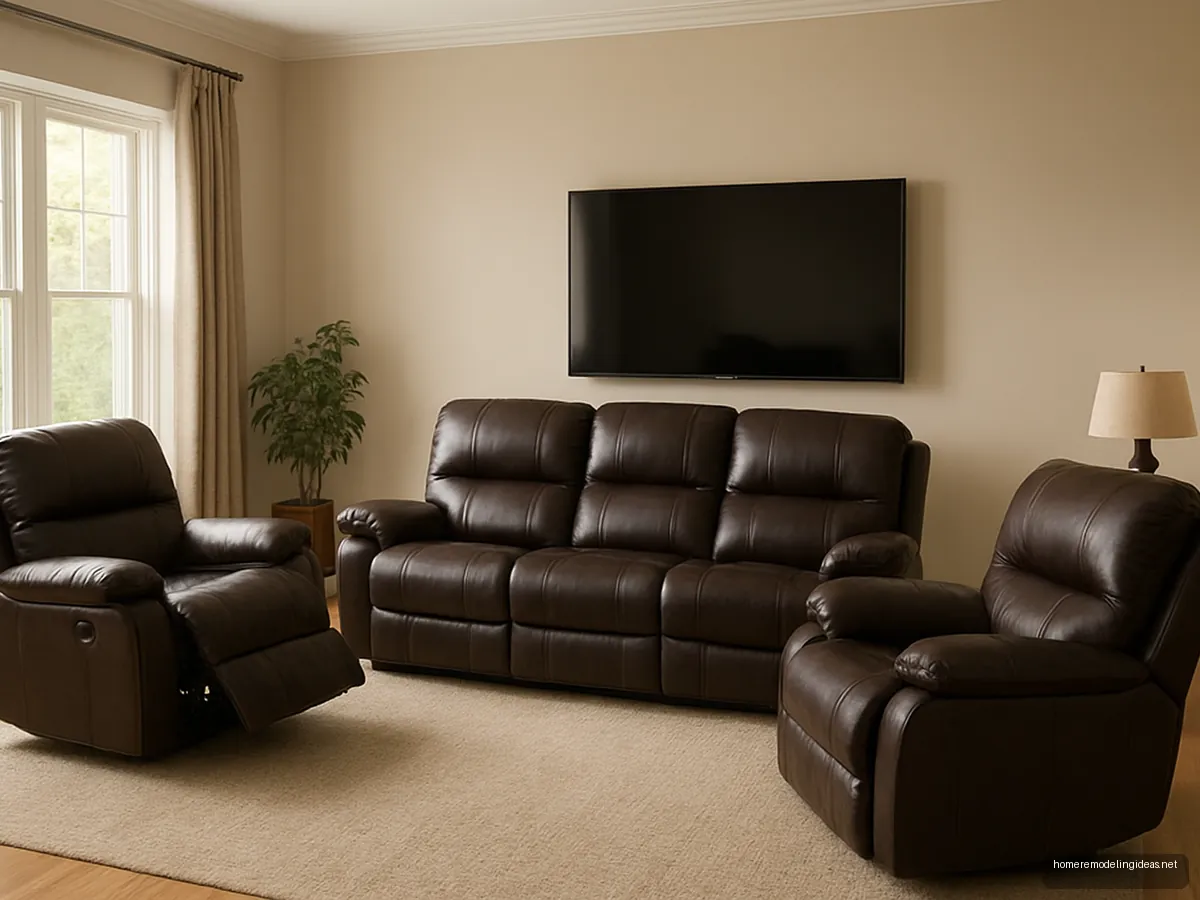 Dark brown recliner 3+1+1 sofa set with one footrest raised