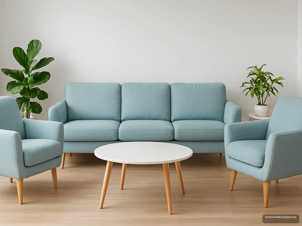 Powder blue Scandinavian sofa set on oak legs