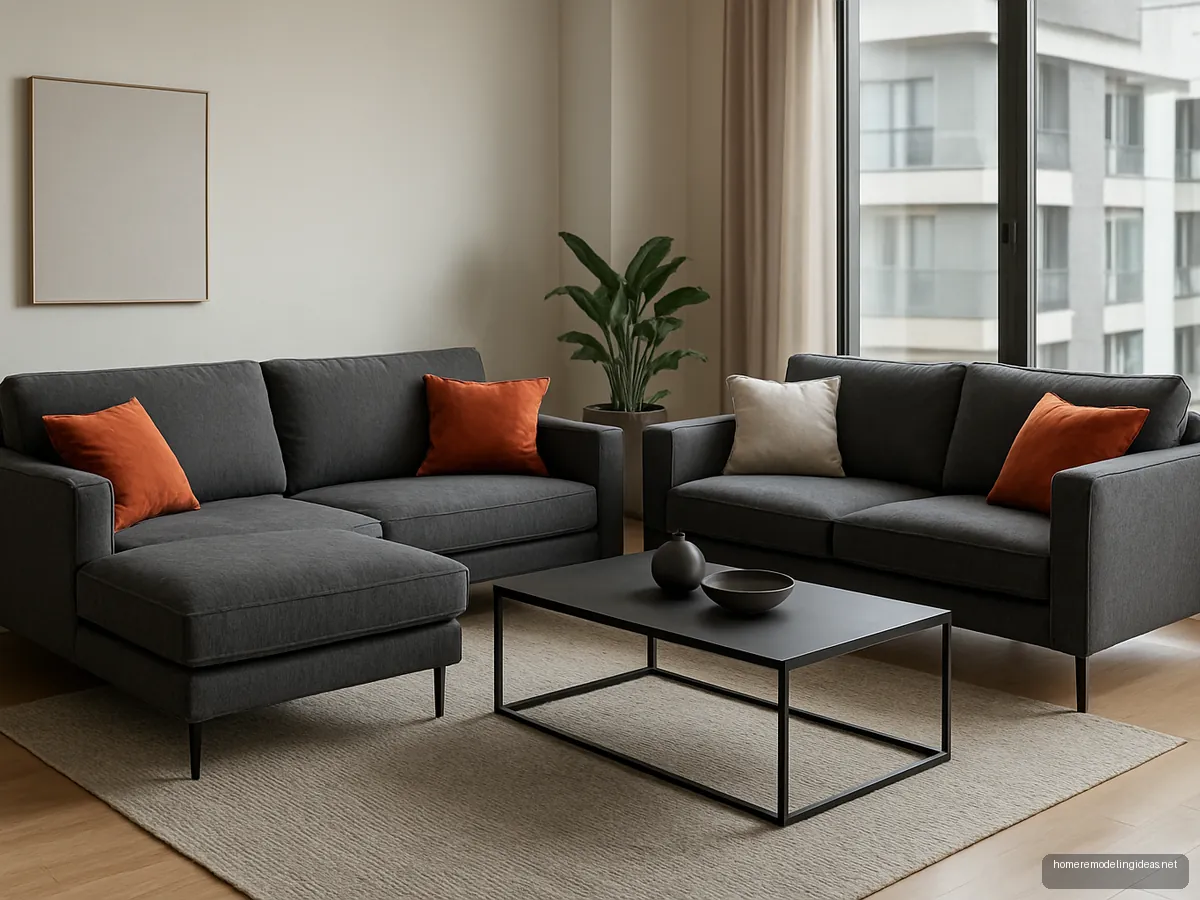 Charcoal sofa with chaise and matching two seater
