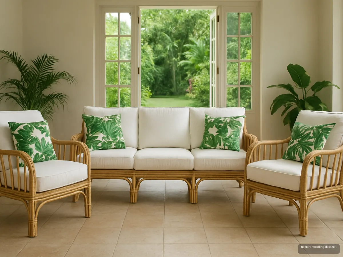 Rattan sofa set with linen cushions in a bright villa