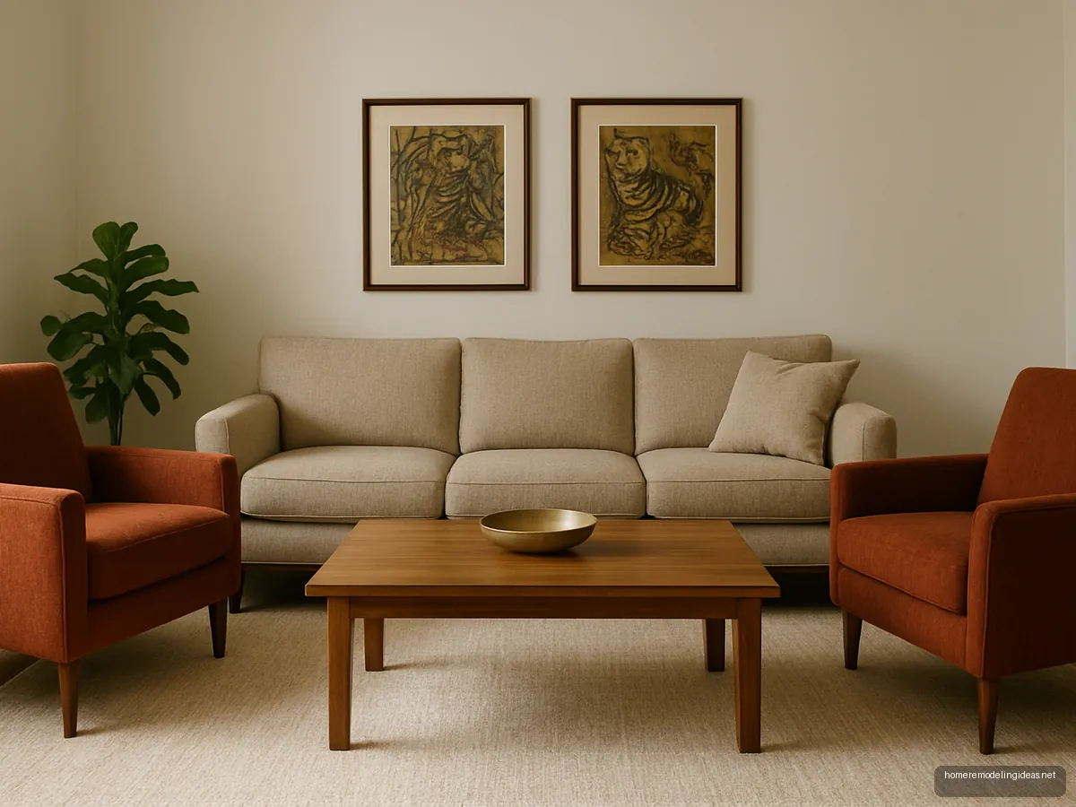 Beige three seater with two rust accent chairs