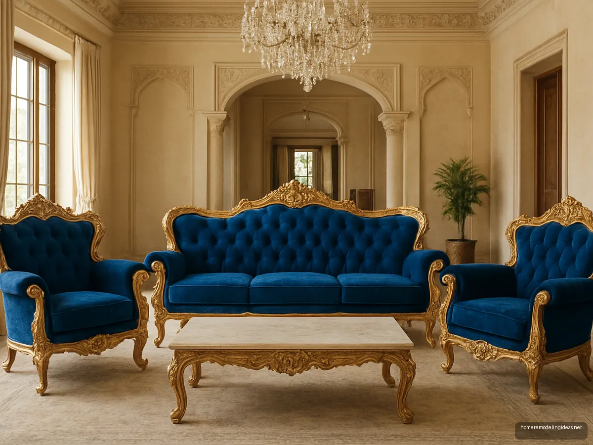 Royal blue velvet tufted sofa set with gold frame