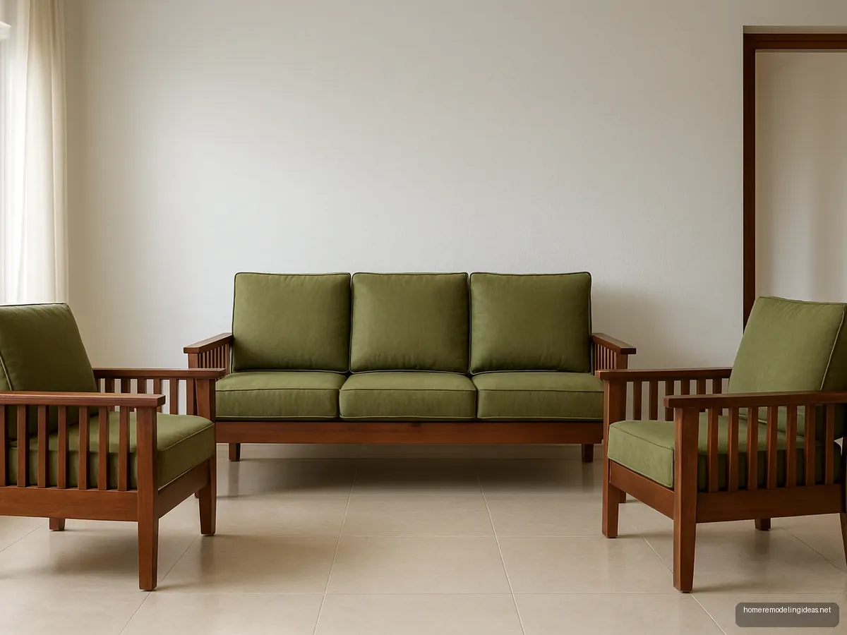 Walnut slat back sofa set with olive cushions
