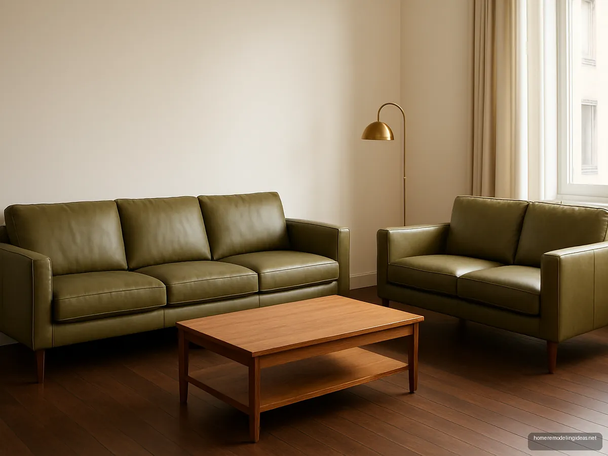 Olive leather 3+2 sofa set with brass lamp