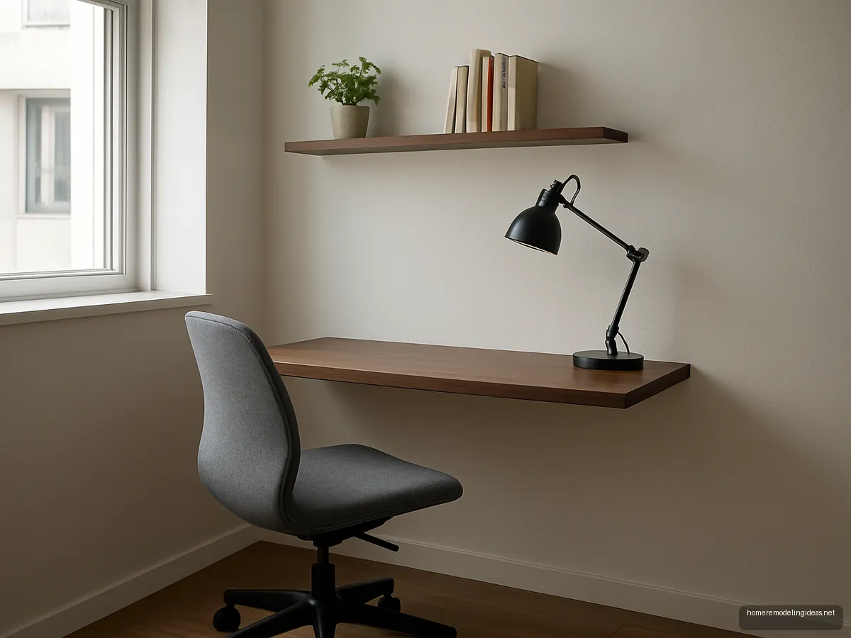Floating walnut wall desk with shelf above in a small bedroom