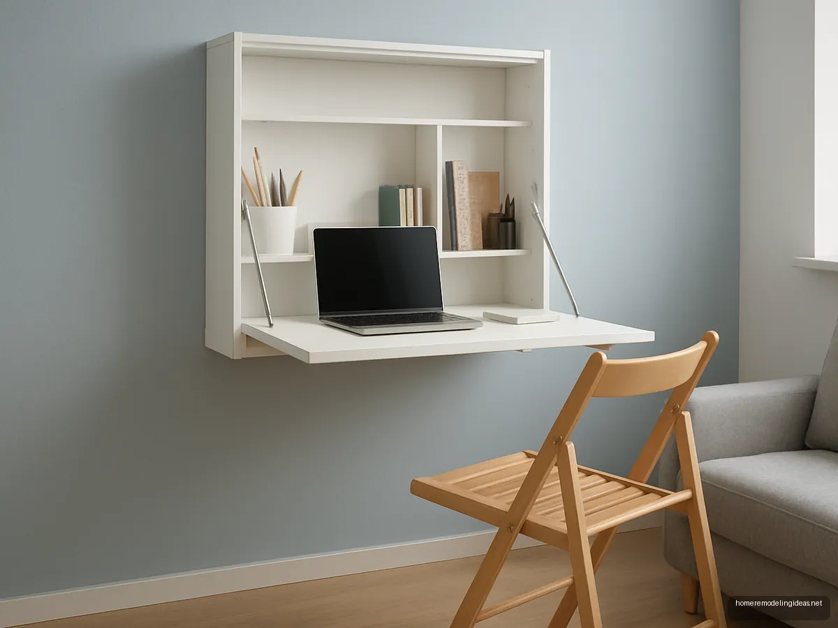 Open white fold-down wall desk with cubbies in a compact flat