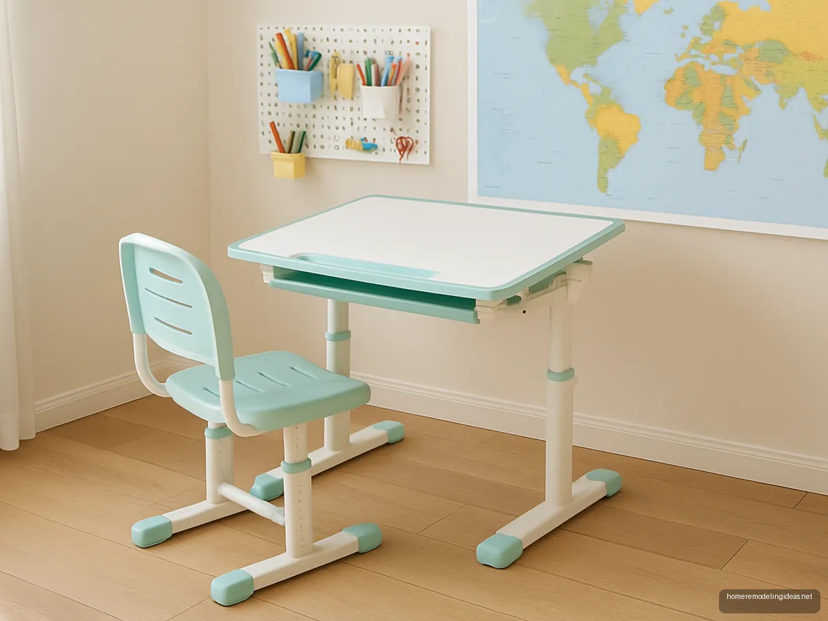 Pastel mint adjustable kids study desk with pegboard