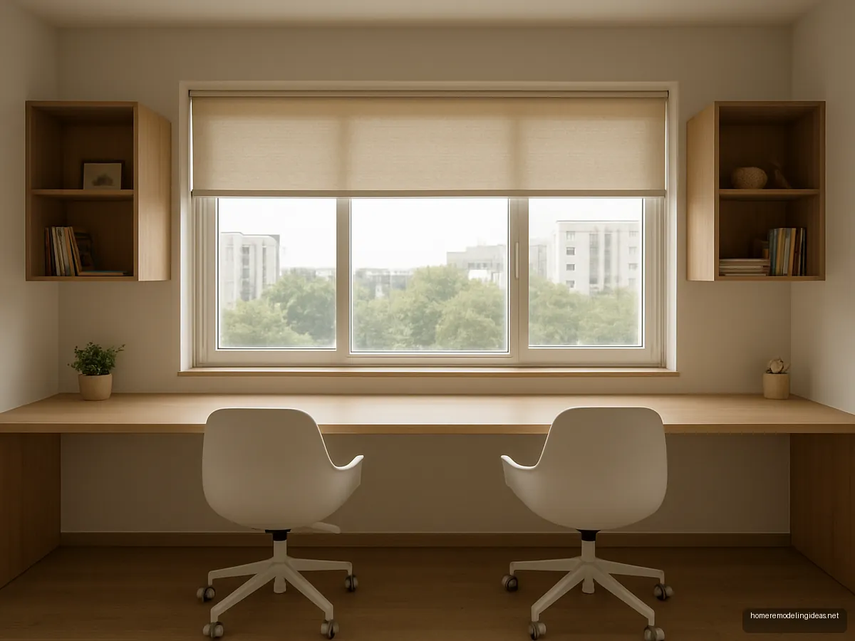 Long oak study counter under a window with two chairs