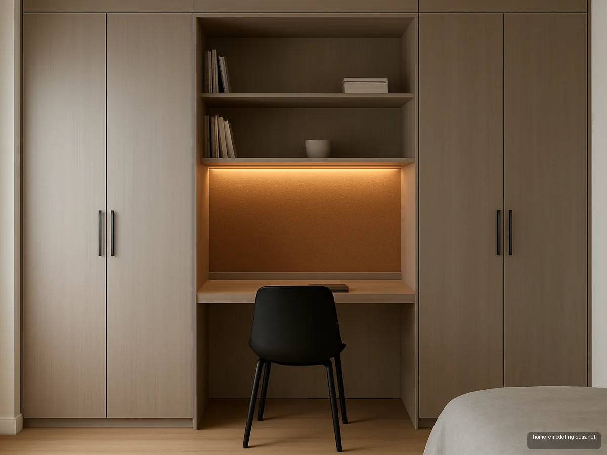 Study niche built into a grey wardrobe wall with pinboard