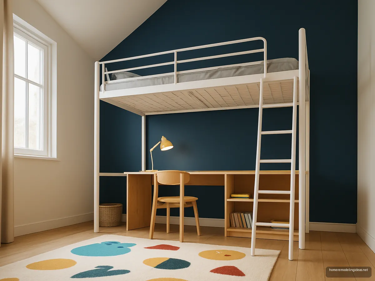 White loft bed with birch plywood desk underneath
