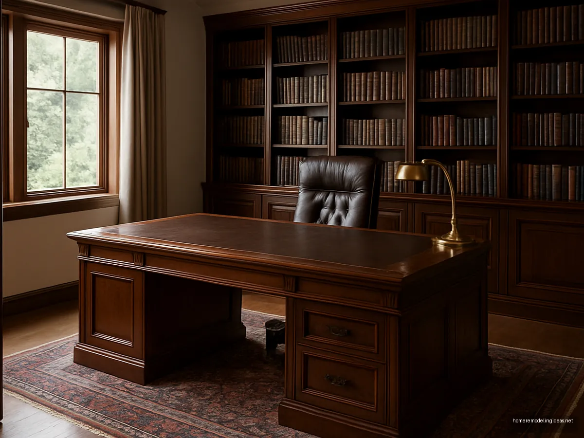 Teak executive desk with leather chair and bookshelves