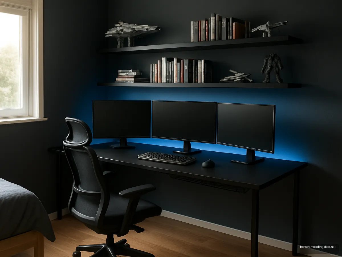 Black L-shaped corner desk with two monitors and blue backlight