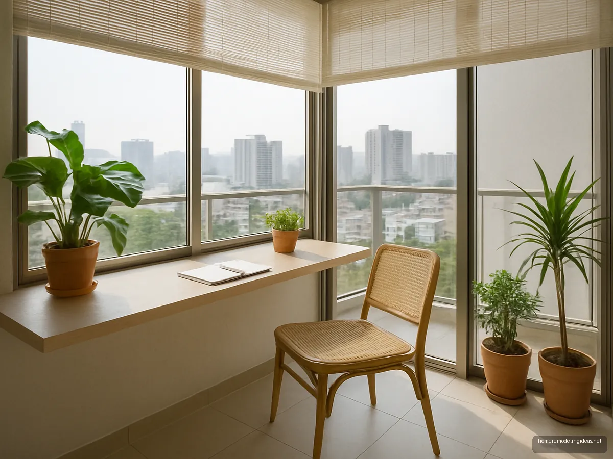 Enclosed balcony study with slim ash desk and plants