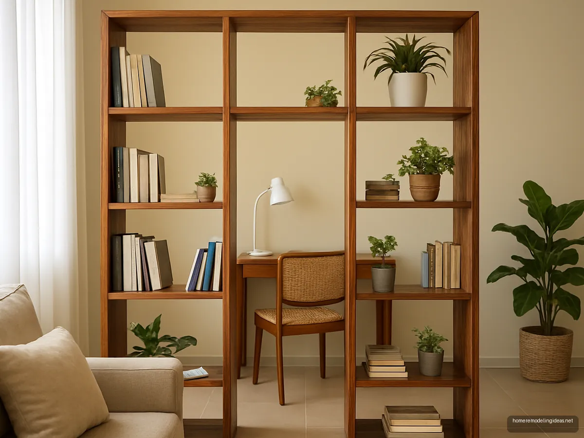 Study corner behind a sheesham bookshelf room divider