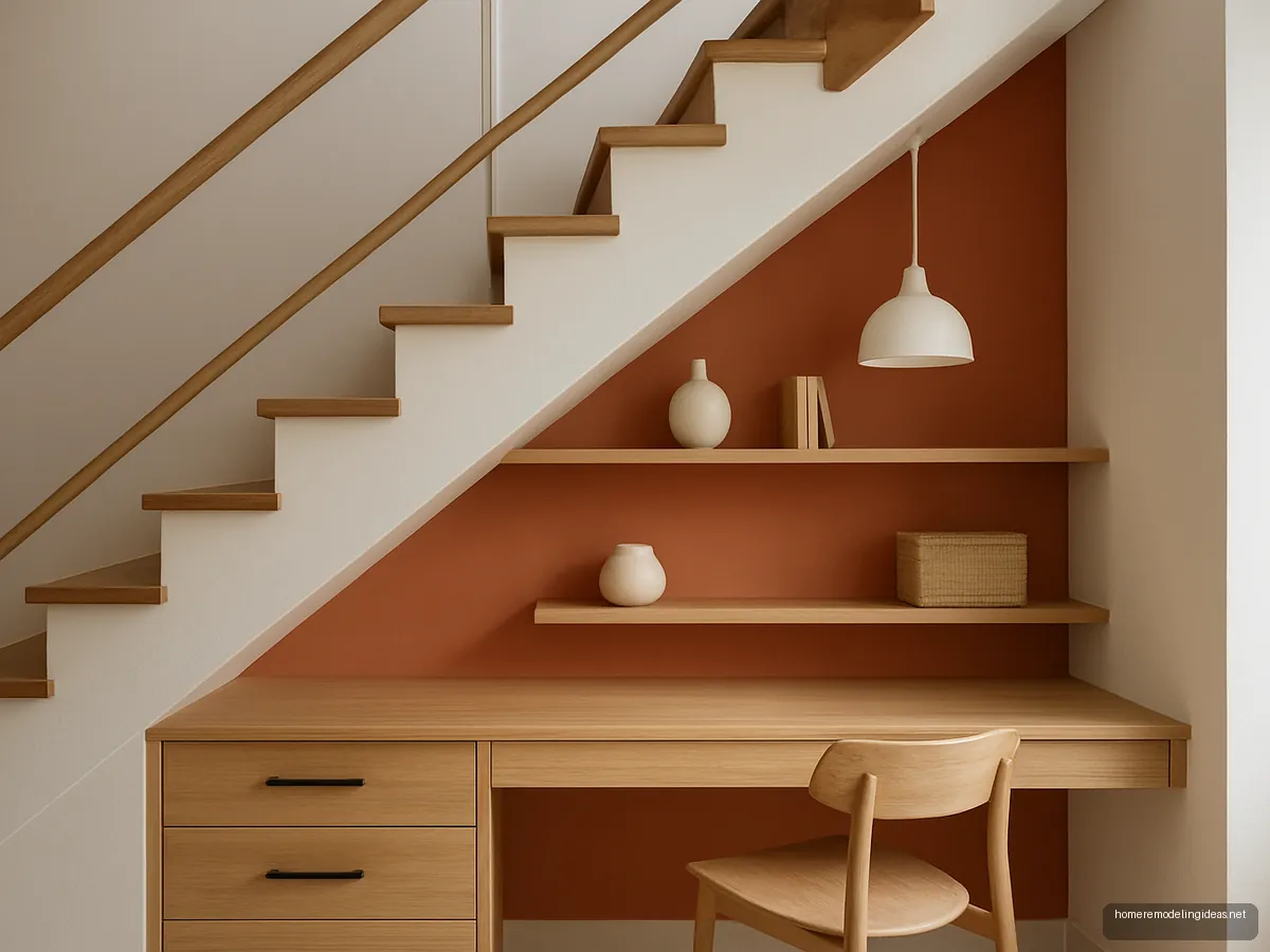 Under-stairs study nook with oak desk and terracotta wall