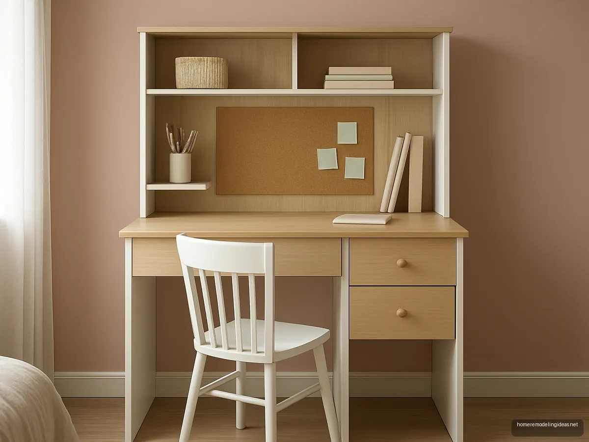 White and oak study desk with hutch and pinboard