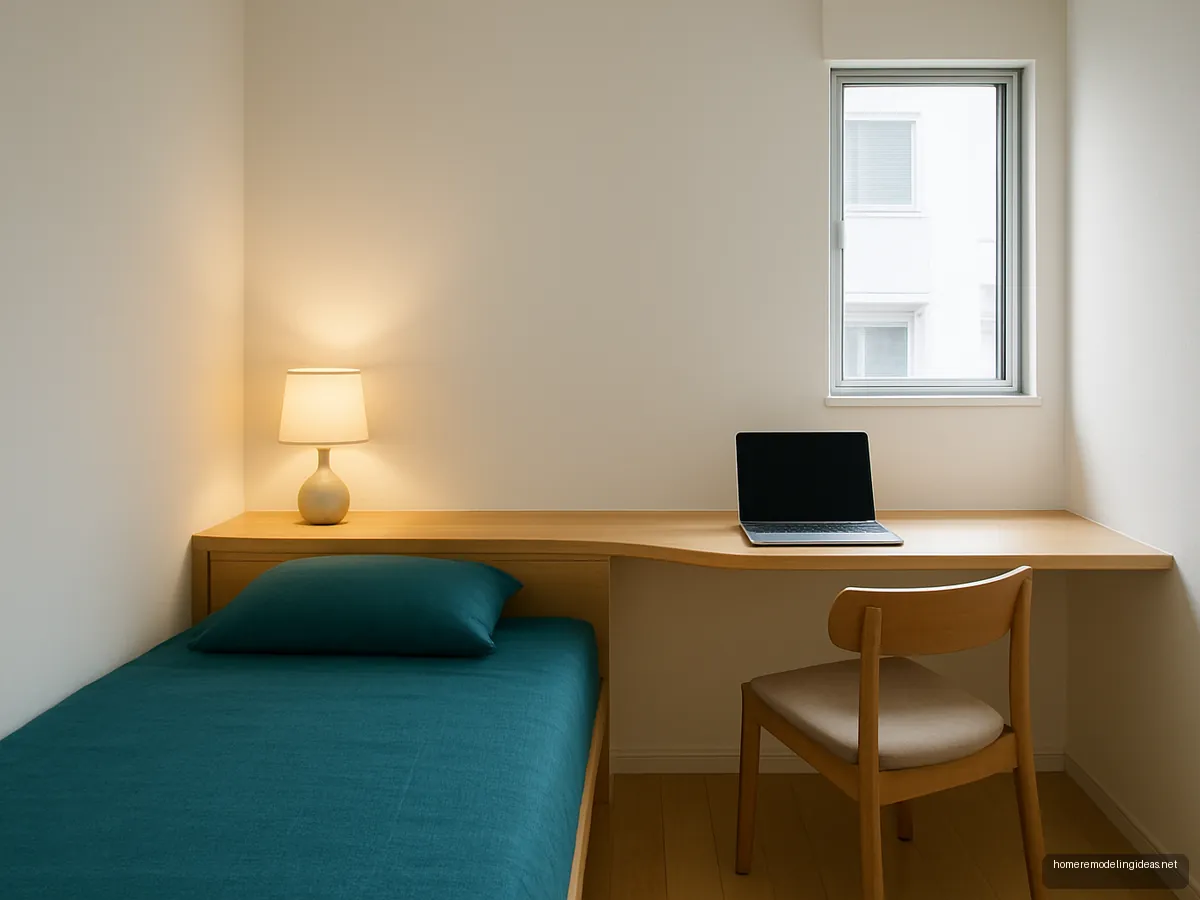 Narrow oak desk doubling as bedside table in a single room